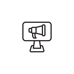 A black and white icon of a desktop monitor displaying a megaphone symbol, representing online advertising or digital marketing.