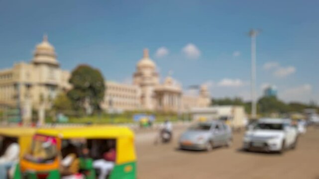 Bokeh view of Government office building (Suvarna Vidhana Soudha) in Bangalore, India. Blurred background footage.