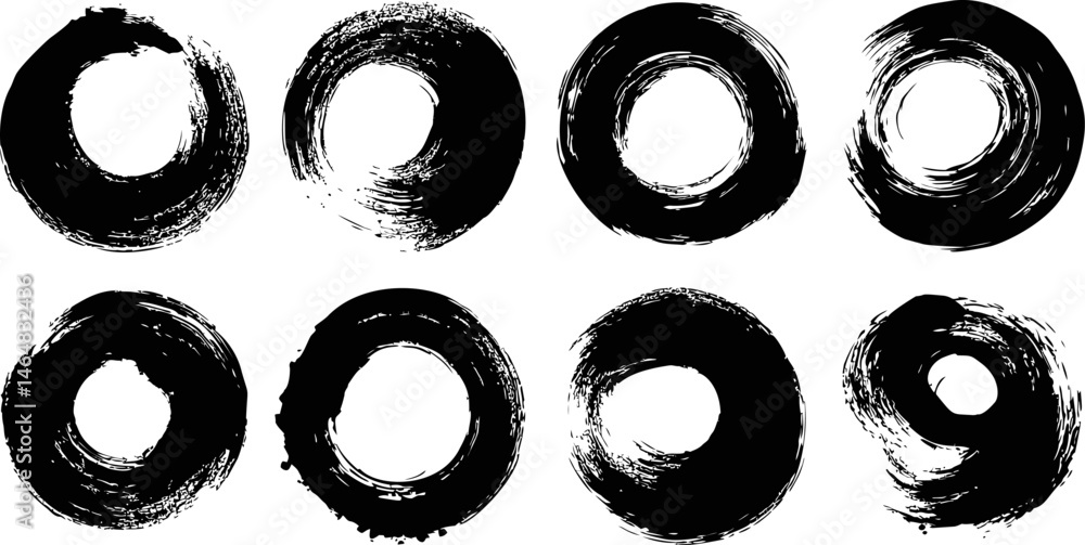 Poster black brushstroke circles in various patterns ; abstract art style. vector illustration