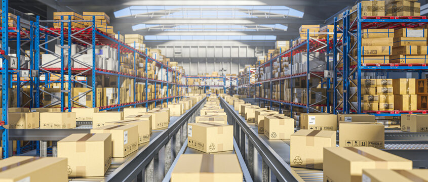 boxes are moving on automated conveyor belt 3d