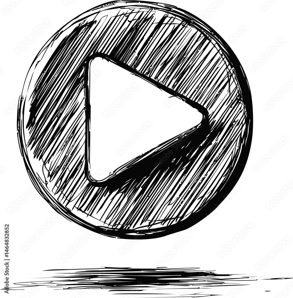 Aufkleber sketch style play button outlined in black with shading effects. vector illustration