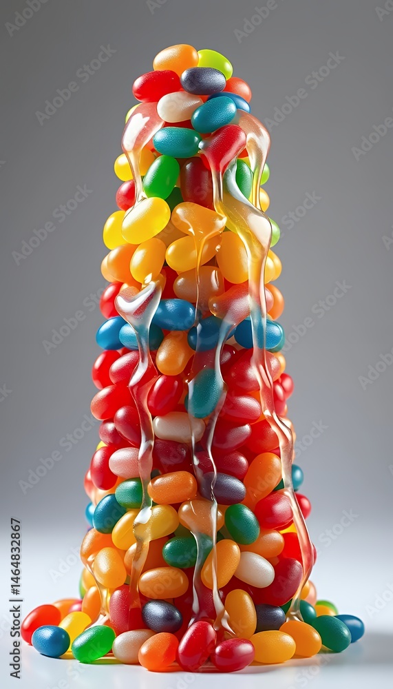 Poster tower of multicolored jelly beans with syrup drizzle in studio with gradient background candy concep