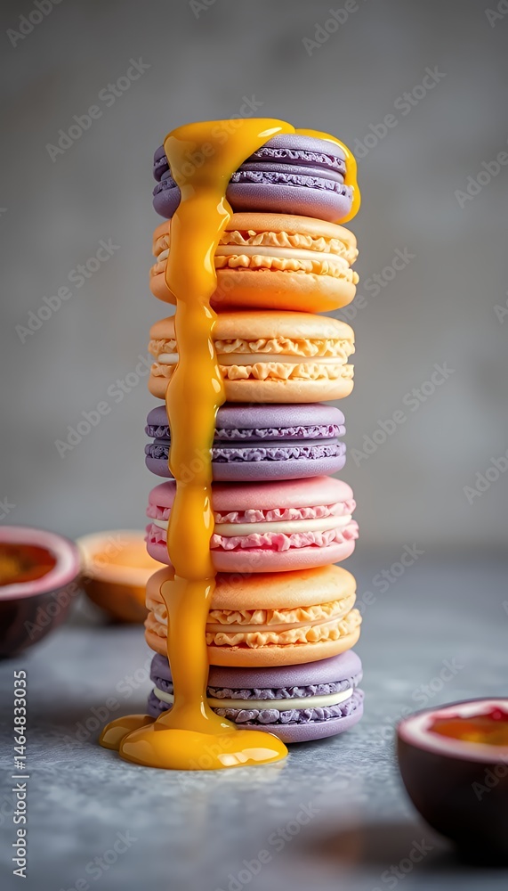 Poster tower of multicolored macarons drizzled with passion fruit sauce creating appetizing high angle stil