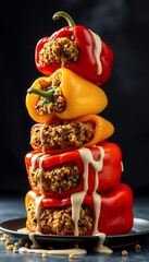 Tower of Red and Yellow Stuffed Bell Peppers Drizzled with Creamy Tahini Sauce Displayed on Dark Plate Against Muted Background