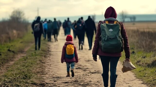 Back shot of refugees walking in an endless line, a woman and child in the foreground, as they head toward a distant border crossing, symbolizing the journey of asylum seekers