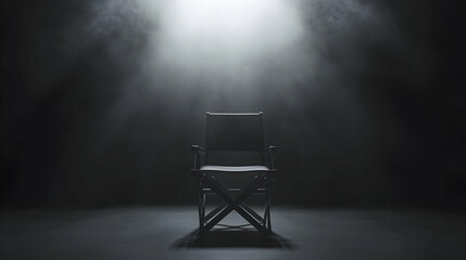 A single director's chair illuminated by a spotlight in a dark setting.