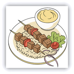 brazier. Fried eggplant, potatoes, peppers, tomatoes in pan. Vegetarian dish. View from above. Wooden background. Copy space