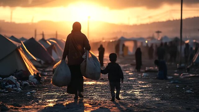 Backlit shot of a woman and child, carrying their belongings in tattered bags, walking through a crowded refugee camp with tents stretching into the distance