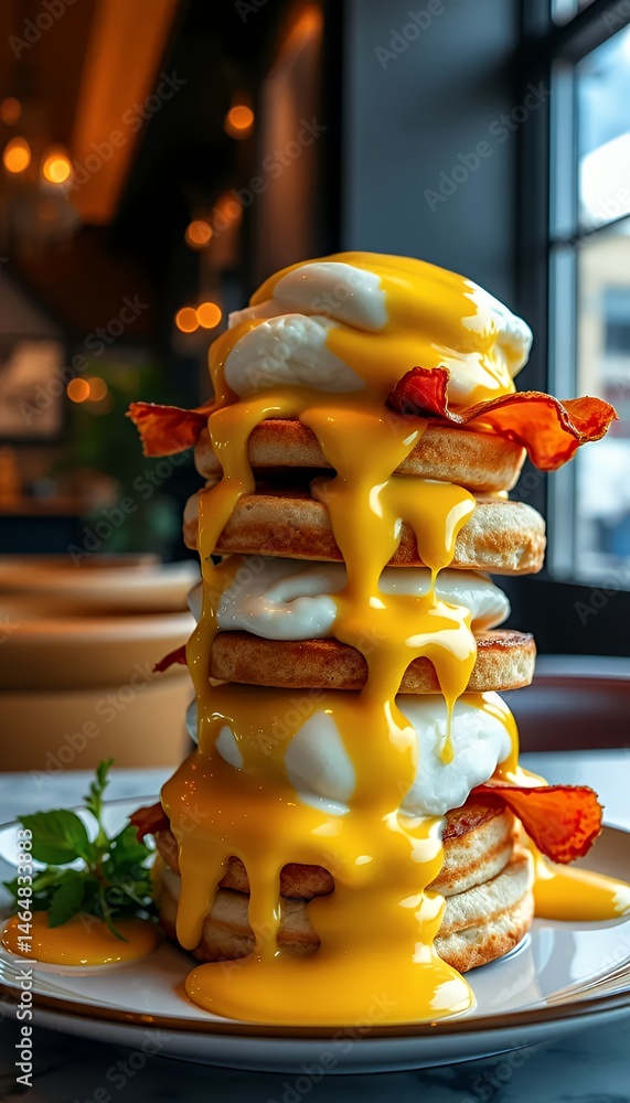 Aufkleber towering food stack featuring toast poached eggs bacon and yellow sauce with blurred background in r