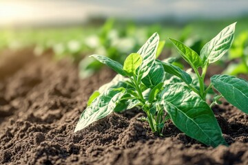 Young plants sprout from rich soil