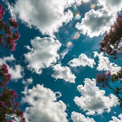 Bright Blue Sky with White Clouds and Vibrant Pink Flowers Framing Scene