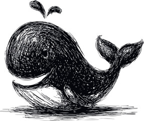 Black and white sketch of a happy whale with water splash, cartoon style drawing. Vector illustration
