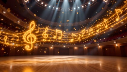 Obraz premium Enchanted Music Stage with Floating Notes and Illuminated Atmosphere in Grand Concert Hall Setting