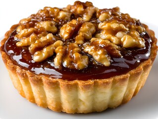 A delectable caramel walnut tart sits on a white plate ready to be enjoyed a perfect sweet treat for any occasion.