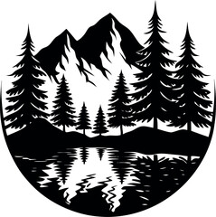 Forest and mountain reflection in lake in silhouette vector on a Transparent background