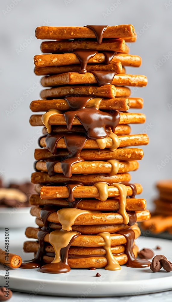 Poster towering stack of pretzel sticks drizzled with chocolate and peanut butter against soft gray backdro