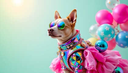 Fashionable Dog in Colorful Costume with Sunglasses Surrounded by Balloons Against a Soft Pastel Background