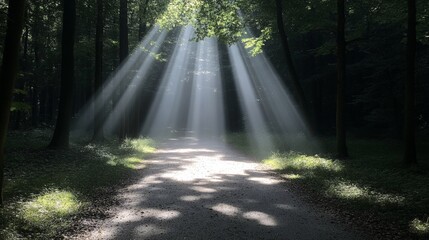 Obraz premium Sunlight beams in a peaceful forest, creating a serene and natural atmosphere