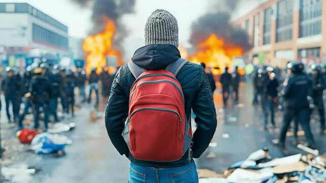A lone protester with red backpack faces burning barricades and riot police in a chaotic street. Concept of civil unrest and personal courage.