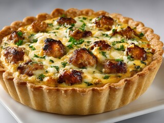 A delicious savory sausage and cheese quiche perfectly baked in a golden brown pastry crust is ready to serve.