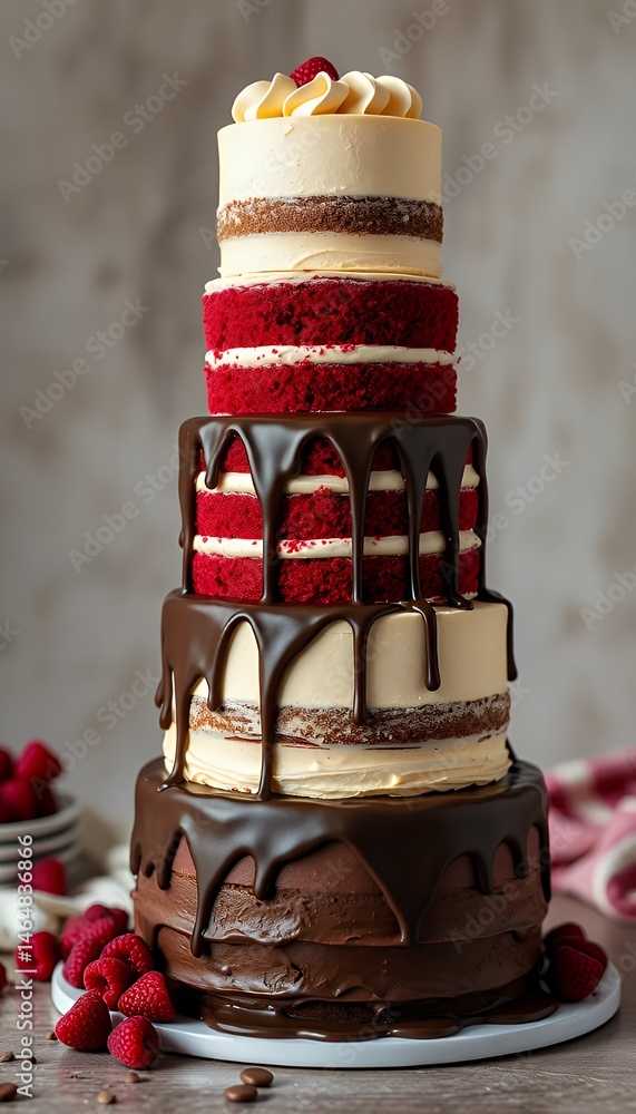 Poster four tiered cake with chocolate drizzle and cream frosting featuring red velvet layers in soft neutr