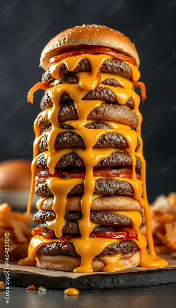 Poster high angle close up of towering stacked burger with multiple patties dripping cheddar cheese and tom