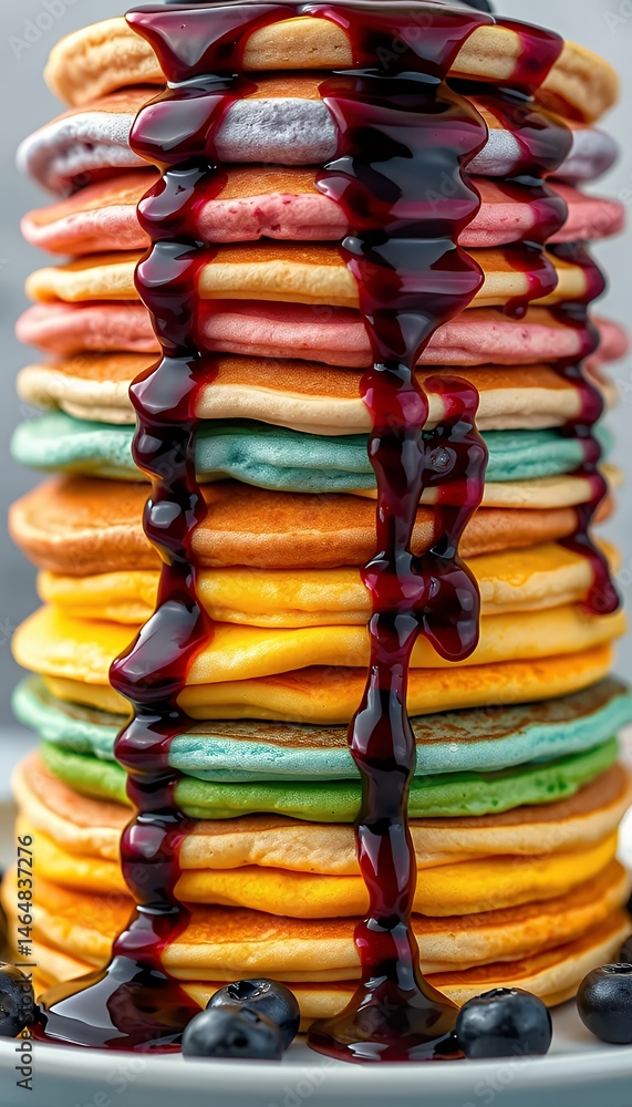 Poster high angle view of multicolored pancake stack with dark syrup and fresh blueberries against grey bac