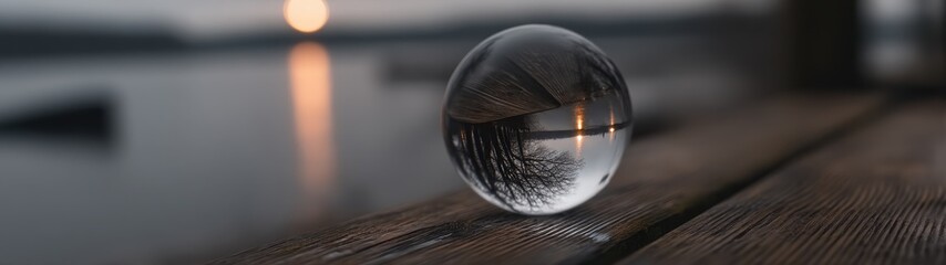 A Vintage Perspective of Time and Reflection in a Dramatic Scene Beyond the Water With a Crystal Globe on a Wooden Surface