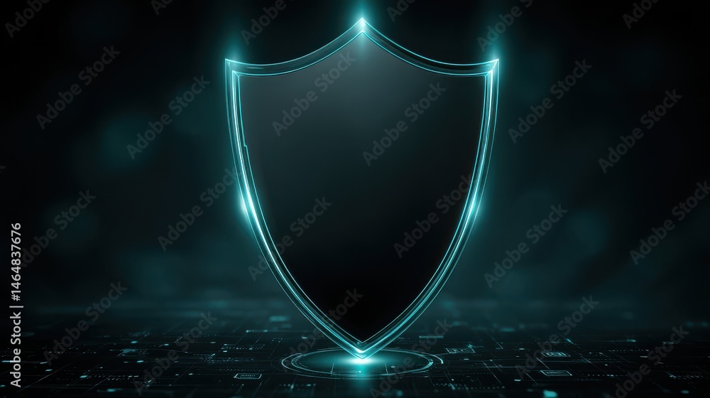 Poster cybersecurity data protection, digital shield design with glowing edges on a tech-inspired backgroun