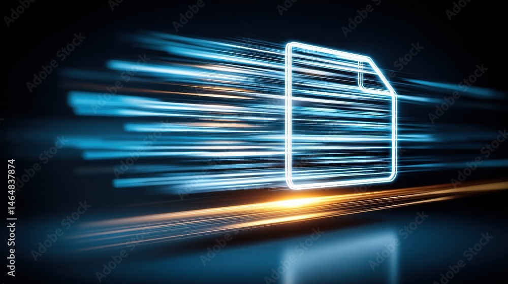 Poster cybersecurity data protection, abstract digital file icon with motion blur effect, conveying speed a