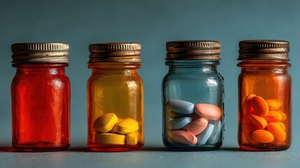 Colorful pills stored in vintage amber glass bottles arranged in a row on a blue surface with soft studio light perfect for apothecary-themed visuals, healthcare history and retro supplements ads