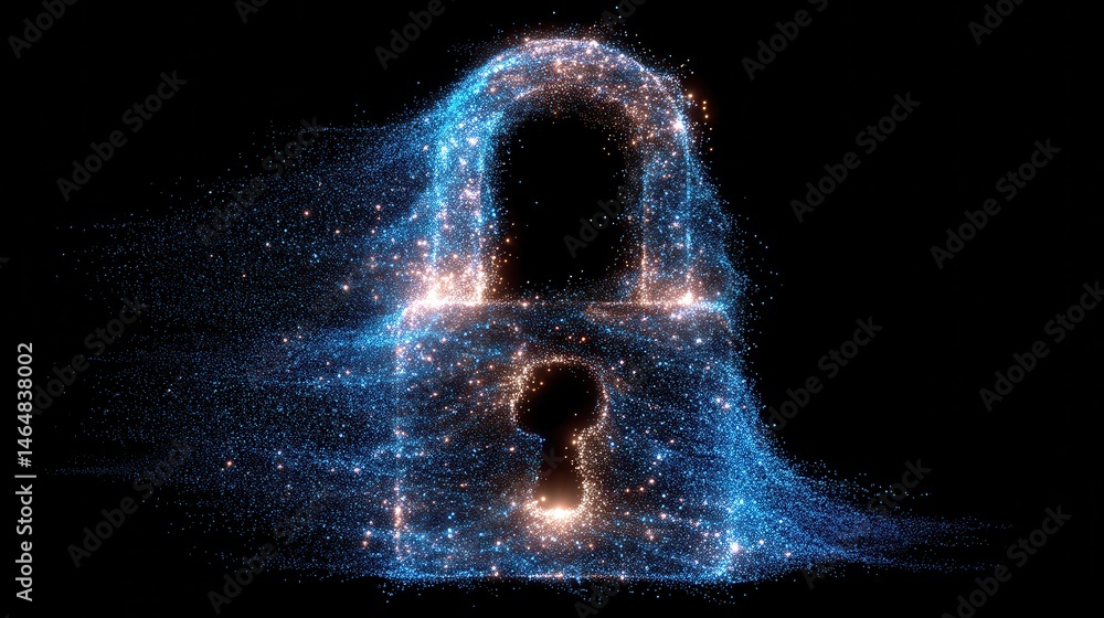 Poster cybersecurity data protection, a glowing lock and keyhole design made of shimmering particles agains