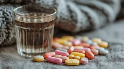 Close-up of water glass and colorful pills on soft blanket surface with blurred gray knitted fabric in background perfect for healthcare visuals, wellness ads and lifestyle blogs