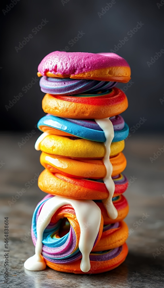 Poster stack of multicolored frosted donuts with white icing in a vertical composition on a gray blurred ba