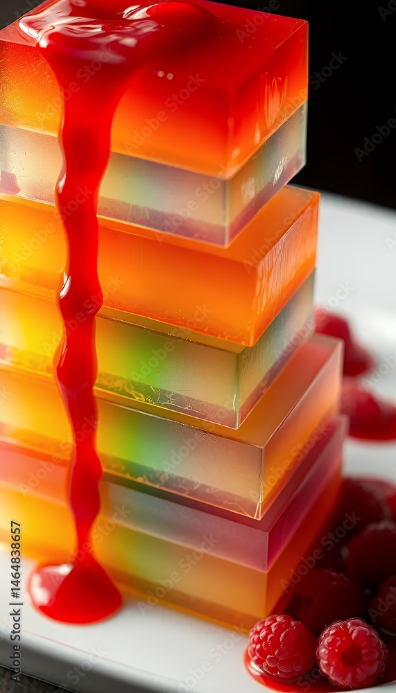 Poster stack of multicolored transparent gelatin squares drizzled with red raspberry sauce on white plate