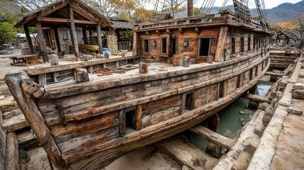 Wooden ship in dry dock