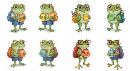 Fototapeta premium Cartoon Smart Frogs Going To School - Six adorable frogs, wearing glasses and backpacks, carry books, symbolizing education, knowledge, learning, friendship, and childhood