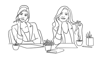 Two girls office worker at desk with stationery, continious line drawing. Female secretary, lawyer, businesswoman line art drawing isolated on white background. Vector illustration