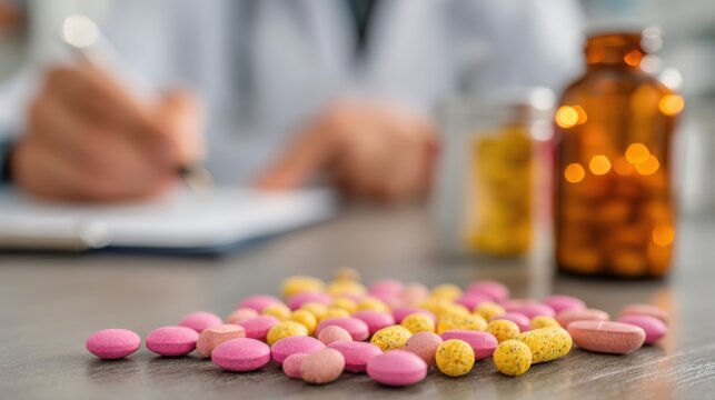 Colorful mix of dietary supplements and prescription pills in focus with healthcare professional writing in background ideal for pharmaceutical branding, wellness marketing and medical editorials