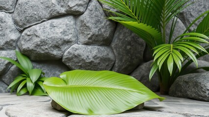 Fototapeta premium Serene tropical leaf resting on stone, amidst lush greenery and a textured rock wall