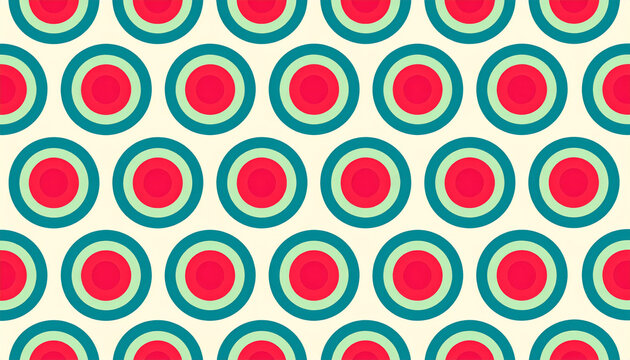 Retro circle pattern, geometric background, teal and red concentric circles, seamless abstract design, vintage style, playful and vibrant mood, decorative wallpaper