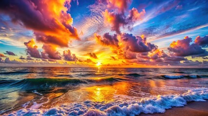 Breathtaking coastal sunset displaying vivid colors reflected across ocean waves and sand