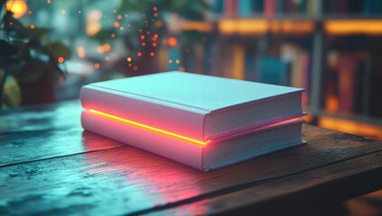 Glowing Books on Wooden Table.