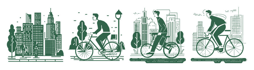 Modern Flat Minimalist Illustration of Bicyclists in Urban Landscape