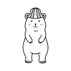 帽子をかぶったシロクマの夏イラスト（モノクロ・PNG）