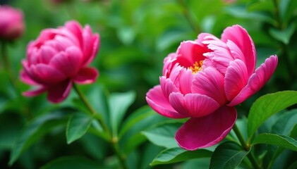 Fototapeta premium Bold, large-scale peony blossoms, lush greenery , bright, wallpaper, flower