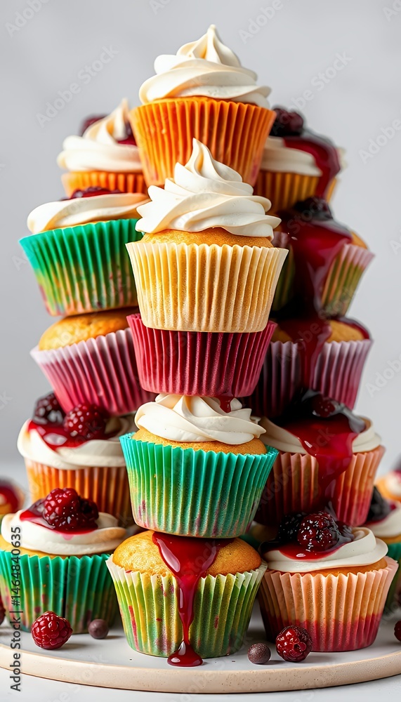 Poster tower of cupcakes stacked with swirls of white icing and dark berry compote in multicolored cups wit