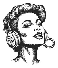 Retro Style Engraving of Woman Enjoying Music with Headphones