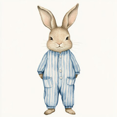 Obraz premium Cute Bunny in Blue Striped Pajamas. A watercolor illustration depicts a cute bunny in blue striped pajamas, suitable for t-shirt designs.