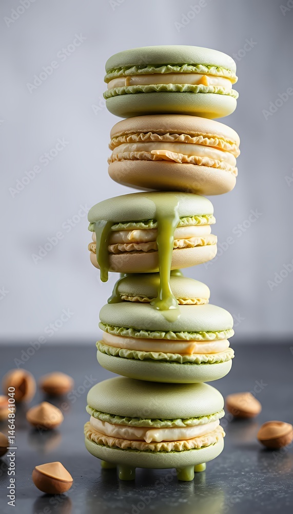 Poster tower of green and beige macarons with dripping glaze and scattered hazelnuts in dark background wit